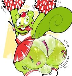 absurd_res anthro ass balls big_butt bodily_fluids bottomwear buckteeth candy cheerleader cheerleader_outfit clothing dessert femboy food genitals green_body gummy_(food) gummy_worm happy_tree_friends hi_res lazy_eye leprosick male mammal nutty_(htf) panties pom_poms rock_candy rodent sciurid skirt solo squirrel sweat sweaty_butt tail teeth tongue tongue_out tree_squirrel underwear