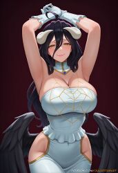 ahoge ai_generated albedo_(overlord) albedo_\\\\(overlord\\\\) armpits arms_up bangs bare_hips bare_shoulders black_feathers black_hair black_wings blush breasts cleavage closed_mouth cowboy_shot curvy demon_girl demon_horns demon_wings detached_collar dress feathered_wings feathers female frills gloves gradient gradient_background hair_between_eyes hip_vent horns juliatitusart large_breasts lips long_hair looking_at_viewer low_wings slit_pupils smile solo web_address white_dress white_gloves white_horns wide_hips wings yellow_eyes