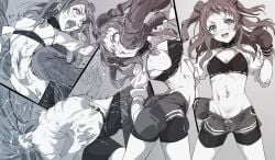 1other bar_censor boxing boxing_gloves breasts censored commentary_request face_punch female female_pubic_hair gakuen_idolmaster hanami_saki highres idolmaster in_the_face instant_loss long_hair missing_tooth monochrome navel nipples open_mouth paid_reward_available partial_commentary pokonyan_(gr1lz) pubic_hair punched punching pussy pussy_juice ryona shorts standing v-shaped_eyebrows