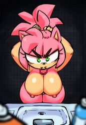 ai_generated amy_rose bathroom green_eyes hair hanging_breasts kimmythefem mirror naked no_sex occupied pink_skin private_room solo sonic_(series) sonic_the_hedgehog_(series)