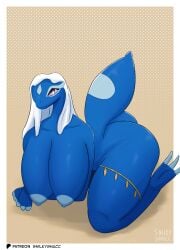 absurd_res animal_humanoid anthro blue_body breasts female game_freak gecko gecqua hi_res humanoid lizard miori nintendo non-mammal_breasts pokemon pokemon_(species) pokemon_ww reptile scalie scalie_humanoid snilkysnacc solo white_border