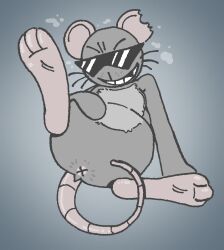 2nnie ambiguous_gender anthro anus bite_mark breath eyewear feet feral lying male mammal mewgenics missing_tooth murid murine on_back radical_rat_(mewgenics) rat rodent solo sunglasses toony whiskers