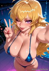 2026 ahoge ai_generated anime armpits bangs bare_shoulders bikini blonde_hair blue_bikini blush breasts cleavage collarbone covered_nipples crossover eye_contact female female_focus female_only flushed foreshortening hair_between_eyes heart heart-shaped_pupils highres huge_breasts large_breasts long_hair looking_at_viewer micro_bikini midriff nail_polish navel night nsfw one_eye_closed outdoors patreon pool poolside purple_eyes reaching_towards_viewer red_nails rognezart rwby selfie shiny shiny_hair shiny_skin skindentation smile smiling solo standing stomach swimsuit symbol-shaped_pupils tongue tongue_out v very_long_hair water wavy_hair wet yang_xiao_long