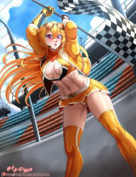 1girls alternate_version_available ass big_breasts black_gloves blonde_female blonde_hair blush boob_window breasts checkered_flag cleavage_cutout female female_only glove hocen jacket large_breasts long_hair long_hair_female looking_at_viewer purple_eyes race_queen racing_suit racing_uniform robotic_arm rwby skirt solo_female sunglasses sunglasses_on_head yang_xiao_long yellow_jacket