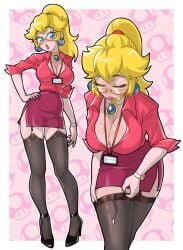 1girl 1girls blonde_hair blouse blue_eyes blush breasts centinel303 cleavage earrings female female_only garter_straps glasses high_heels jewelry lanyard large_breasts lipstick makeup mario_(series) miniskirt nail_polish nintendo office office_clothing office_lady painted_fingernails painted_nails ponytail princess princess_peach side_slit skirt sphere_earrings ta-na tana351 thick_lips thighhighs thighs watch