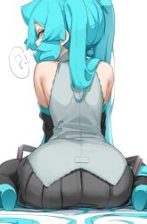 1girls ? abmayo aqua_eyes aqua_hair armpit_crease ass ass_focus bare_shoulders blue_eyes blue_hair detached_sleeves female hair_ornament hatsune_miku hatsune_miku_(original) hi_res highres kneeling long_hair looking_at_viewer looking_back pleated_skirt question_mark sitting skirt solo solo_female thighhighs thin_waist twintails very_long_hair wariza