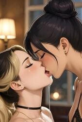 2girls ai_generated black_hair blurry_background blush_lines choker close-up closed_eyes double_color_hair eyeshadow face_focus grok grok_imagine hair_bun hair_strand intimate kissing_sound_effect lesbian_kiss lingerie mp4 multicolored_hair passionate_kiss rgomez007 saliva_drip saliva_trail salivating shorter_than_10_seconds sloppy_kiss small_ears sound table_lamp tagme tongue_kiss two_colored_hair updo video window yuri