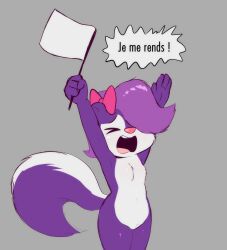 4_fingers absurd_res anthro barely_visible_genitalia barely_visible_vulva begging_for_mercy bow_ribbon breasts closed_eyes crotch_tuft dialogue e254e female fifi_la_fume fingers fluffy fluffy_tail genitals hi_res innie_vulva mammal mephitid nude pear-shaped_figure pink_nose skunk small_breasts solo stereotype surrendering tail tiny_toon_adventures tuft vulva warner_brothers white_flag wide_hips