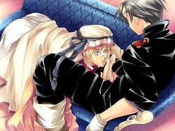 2boys absolute_obedience_(game) ali_ibrahim_ashraf blonde_hair cum facial fellatio gloves goggles hair kia_welbehenna male multiple_boys oral penis ribbon uniform yaoi zettai_fukuju_meirei