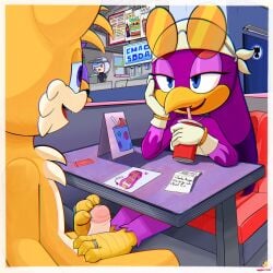 1boy 1girls anthro anthro_on_anthro avian beak bedroom_eyes bird blue_eyes cafeteria canid canine clothing container cup digit_ring digital_media_(artwork) drinking duo english_text erection eye_contact eyewear eyewear_on_head feet female fingers foot_fetish foot_play footjob fox fur furniture furry furry_female furry_male furry_only genitals half-closed_eyes hi_res hirundinid holding_container holding_cup holding_object human humanoid_genitalia humanoid_penis jewelry kerchief looking_at_another male male/female mammal miles_prower narrowed_eyes open_mouth oscine passerine penile penis public public_sex purple_body ring sage_(sonic) seductive sega sex sitting smile sonic_(series) sonic_frontiers sonic_riders sonic_the_hedgehog_(series) sunglasses sunglasses_on_head swallow_(bird) table text toe_ring toes toon_draw two-footed_footjob wave_the_swallow wearing_sunglasses