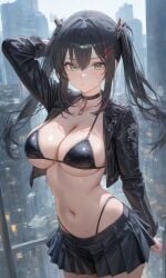 ai_generated bikini_top black_hair bra cropped_jacket green_eyes highleg_panties jacket large_breasts miniskirt open_clothes sfw slombert twintails underboob