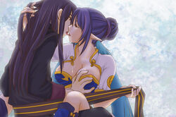 1girls blue_hair breasts elf female hatsuki_(ambitious) judith_(tales) kissing large_breasts pointy_ears tales_of_(series) tales_of_vesperia yuri_lowell