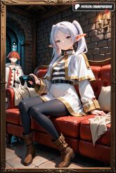 1boy 1girls 2025 ai_assisted ai_generated anime artist_name brown_footwear capelet controller couch earrings elf frieren game_controller green_eyes hi_res high_quality high_resolution highres holding holding_controller holding_game_controller indoors jewelry long_hair looking_at_viewer pantyhose patreon patreon_username pointy_ears shirt sitting skirt stable_diffusion striped_clothes striped_shirt twintails watermark white_capelet white_hair white_skirt