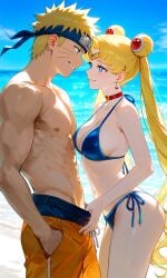 1boy 1girls ai_generated beach bikini bikini_top bishoujo_senshi_sailor_moon blonde_hair blue_eyes crossover happy muscular_male naruto naruto_(series) naruto_shippuden ready_for_sex red_and_white_hair sailor_moon sea seductive seductive_smile sexy sexy_bikini sexy_body sexy_female standing swelling swimming_trunks usagi_tsukino uzumaki_naruto