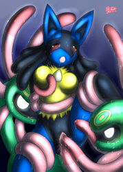 breasts cradily female female_lucario furry lucario mn_xenx nintendo personification pokemon pokemon_(species) pokemon_dppt pokemon_rse pussy pussy_juice source_request straight_hair tentacle