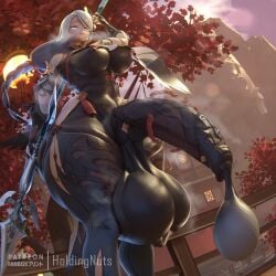 1futa 3d clothed clothed_futa condom_suit futa_only futanari genshin_impact holdingnuts hoyoverse hung hung_futa hyper hyper_ass hyper_balls hyper_genitalia hyper_penis light-skinned_futa light_skin looking_at_viewer mihoyo shenhe_(genshin_impact) solo solo_futa tagme white_hair