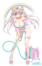 1girls 2d 2d_(artwork) ;p animal_ears ankle_cuffs anklet bell belly belly_button bent_legs bikini blush bracelet breasts cat_ears cat_tail cleavage collar collarbone copyright_name digital_drawing_(artwork) digital_media_(artwork) feet fit fit_female flower full_body hair_flower hair_ornament harajuku_mimi holding holding_object hose illustration jacket jewelry jingle_bell leaning leaning_forward logo long_hair looking_at_viewer medium_breasts navel neck_bell off_shoulder one_eye_closed open_clothes open_jacket rainbow re:shimashima sandals smile smiling smiling_at_viewer solo solo_female standing striped_bikini striped_clothing swimsuit tail thigh_strap toes tokyo_exe_girls tongue tongue_out twintails water white_background white_hair