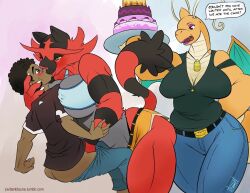2017 breasts dark_skin english_text eyewear incineroar male male_human/female_pokemon muscular pokemon pokemon_(species) pokephilia thick_thighs