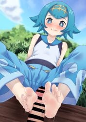 1boy absurdres bar_censor barefoot blue_eyes blue_hair blue_pants blurry blush bright_pupils censored closed_mouth cloud day feet female footjob game_freak hairband highres lana_(pokemon) looking_down mixed-language_commentary motion_lines nintendo no_sclera outdoors pants penis pokemon pokemon_sm shirt short_hair sky sleeveless sleeveless_shirt soles straight swimsuit swimsuit_under_clothes toes two-footed_footjob umatoriinnnu white_pupils yellow_hairband