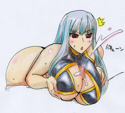 blush body_blush breasts censored clothing cum female kikuta large_breasts long_hair male paizuri paizuri_under_clothes red_eyes selvaria_bles silver_hair straight titfuck valkyria_chronicles valkyria_chronicles_1