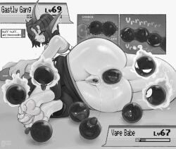 anal anal_beads anal_insertion anal_object_insertion anthro black_and_grey caramel_shotgun clenched_teeth cunnilingus curling_toes euphoric_expression feet furry gastly ghost health_bar licking licking_feet living_anal_beads living_sex_toy monochrome pants_down pawpads pokemon pokemon_(species) presenting_hindquarters saliva spiral_eyes spit sweat ttothep_arts vaporeon vibrating video_game_mechanics