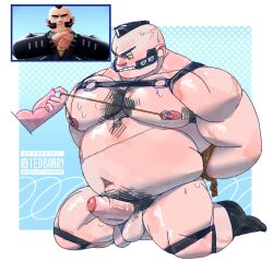 1boy angry armpit_hair arms_behind_back artist_name bara beard belly biceps black_hair black_socks boner bound bound_arms chest_hair clenched_teeth completely_nude disembodied_hand english_commentary erection facial_hair gypso_(pokemon) highres kneeling looking_to_the_side male_focus male_only mohawk muscular muscular_male navel nipple_piercing nipple_pull nipple_stimulation nipples nude pectorals penis philippe_(pokemon) piercing plump pokemon pokemon_legends:_z-a pubic_hair reference_inset socks strap sweat tedboar teeth testicles twitter_username