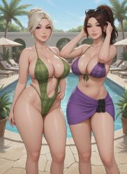 2girls adjusting_hair ai_assisted ai_generated belly_button bikini bleached_blonde_hair brunette_hair bursting_breasts checkered_clothes cleavage eyebrows_visible_through_hair eyelashes female female_only front-tie_bikini_top glasses_on_head green_clothing grok hair_bun hair_strand hand_in_hair hand_on_hair hand_on_hip hourglass_figure large_breasts medium_breasts midriff mole_on_breast monokini multiple_girls one_hand_on_hip palm_tree pelvic_line ponytail poolside potted_plant purple_clothing rgomez007 sarong seductive_look self_upload sideboob sidelocks skindentation slender_body smiling_at_viewer stable_diffusion standing swimming_pool swimsuit thick_lips thick_thighs underboob updo voluptuous wide_hips