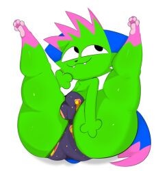 2026 absurd_res anthro ass big_butt black_nose blue_ears blue_tail bulge cheek_tuft clothed clothing digital_drawing_(artwork) digital_media_(artwork) dipstick_tail domestic_cat english_description facial_tuft fangs felid feline felis food_print footwear fur green_body green_fur hi_res kevin_(nyanwolf) konaditto leg_markings male mammal markings mouth_closed nyanwolf pink_clothing pink_footwear pink_socks print_clothing print_underwear socks socks_(marking) solo sparklefur squashortstacks tail tail_markings teeth thick_thighs topless topless_anthro topless_male tuft underwear underwear_only white_body white_fur