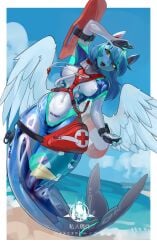 2026 absurd_res anthro barcode beach big_breasts blue_body blue_fur breasts camel_toe clothing cloud day digital_media_(artwork) equid equine feathered_wings feathers female fur hi_res latex mammal mythological_creature mythological_equine mythology navel nipple_outline outside pegasus shanher smile solo swimwear tongue tongue_out translucent translucent_clothing wings