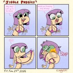 ... 1girls 2026 artist_name bikini bouncing_breasts breasts cleavage comic dated eddy_nat ellie_(eddy_nat) english_text funny green_eyes humor jiggle large_breasts looking_at_own_breasts motion_lines navel open_mouth original original_character punch punched_in_face purple_hair sentient_body_part sentient_breasts solo speech_bubble standing teeth what