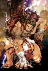 1boy abs aura bandage bandaged_hand bara barefoot beard beefy belt biceps big_bulge big_feet big_hands black_nails broad_shoulders bulge bulge_through_clothing curved_horns daddy dilf earrings edited fighting_stance full_body gay hi_res horn hunk kneeling laugh legs_apart lightning long_hair looking_away magatama magatama_necklace male male_only manly mature_male muscles muscular muscular_arms muscular_legs muscular_male muscular_thighs necklace no_body_hair original original_character pecs pointy_ears quadriceps red_eyes red_hair sideburns solo tattoo tattooed_arm thick thick_arms thick_eyebrows thick_legs thick_thighs thong topless tough_guy triceps veiny_arms very_long_hair yaoi yoshiyuki