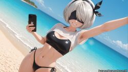 ai_generated arm_up armpits beach bikini black_bikini black_blindfold black_hairband blindfold blue_sky breasts cellphone cloud covered_eyes day dutch_angle female female_pubic_hair hairband holding holding_phone medium_breasts meitabuu mole mole_under_mouth navel nier nier:_automata nier_(series) ocean outdoors phone pubic_hair selfie shirt short_hair side-tie_bikini_bottom sky smartphone smile solo stomach swimsuit water white_hair yorha_2b
