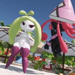 3d_(artwork) absurd_res annoyed anthro background_character beach black_body breasts clothing covering covering_breasts covering_crotch covering_self deer digital_media_(artwork) duo_focus elemental_creature fakemon faunazon female female/female flora_fauna generation_7_pokemon green_hair group hair hi_res legendary_pokemon legwear looking_at_another lorded mammal nintendo nipples nude pink_hair plant pokemon pokemon_(species) pseudo_hair shortstack shortstack_female small_breasts steenee stockings tapu_lele thick_thighs white_body wide_hips