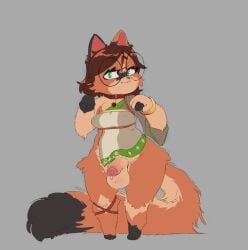 2026 alternate_species anthro balls biped blush bodily_fluids breasts brown_body brown_fur brown_hair calico_cat cinnamimi clothed clothing collar cute_fangs digital_media_(artwork) dipstick_tail domestic_cat embarrassed eyewear facial_markings fangs felid feline felis front_view fur genital_fluids genitals glasses green_clothing green_eyes grey_background gynomorph hair handpaw head_markings hi_res intersex looking_at_viewer mammal markings mask_(marking) nipple_outline paws penis precum round_glasses runa_ravnsdal semi-anthro shortstack simple_background skimpy solo standing tail tail_markings teeth