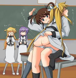 4girls arisa_bannings ass blush fate_testarossa female female_only mahou_shoujo_lyrical_nanoha multiple_girls panties smile spanking takamachi_nanoha tsukimura_suzuka