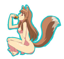 1girls barefoot between_thighs blue_outline breasts brown_hair eating feet food haneta highres holo long_hair nipples nude oekaki red_eyes sitting sitting_indian_style small_breasts soles spice_and_wolf tail thighs toe_scrunch tongue white_background wolf_ears