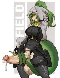 1futa arknights arknights:_endfield balls big_balls big_penis bodysuit breasts cum curvy dickgirl dripping_cum fat_cock fluorite_(arknights:_endfield) futa_only futanari green_eyes green_hair highres hood huge_cock hung hung_futa intersex looking_at_viewer one_arm_up penis ponytail precum presenting shrug_(clothing) side_view simple_background small_waist smile smirk snake_girl snake_tail solo_dickgirl solo_futa straps sunk118 tail tail_around_penis thick_thighs tight_clothing torn_bodysuit