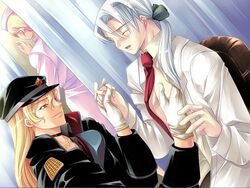 absolute_obedience_(game) blonde_hair blush closed_eyes collar doctor exam gloves hagen_haller hand_holding hat hospital long_hair louise_hardwick medical necktie nurse open_clothes open_shirt ribbon shirt smile sweatdrop tie uniform yaoi zettai_fukuju_meirei