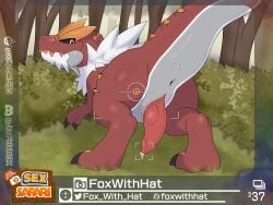 2026 2_claws 4:3 absurd_res animal_genitalia anus ass big_tail black_claws black_sclera bodily_fluids claws day dinosaur dripping english_text erection feral finger_claws forest fossil_pokemon foxwithhat generation_6_pokemon genital_fluids genital_slit genitals grass hi_res looking_at_viewer looking_back looking_back_at_viewer male male_feral multicolored_body multicolored_tail nature new_pokemon_snap nintendo orange_body orange_scales penis plant pokemon pokemon_(species) pokemon_snap precum precum_drip prehistoric_species presenting presenting_hindquarters prof_blanc's_sex_safari raised_tail rear_view red_body red_penis red_scales red_tail reptile scales scalie shrub solo tail text toe_claws tree two_tone_tail tyrantrum white_body white_eyes white_tail
