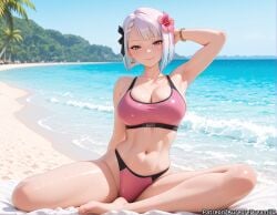 ai_generated arm_behind_head arm_up barefoot beach bikini black_ribbon blue_sky braid breasts cleavage closed_mouth cyberpunk:_edgerunners cyberpunk_2077 day earrings female flower hair_flower hair_ornament hair_ribbon hibiscus jewelry large_breasts looking_at_viewer lucyna_kushinada meitabuu multicolored_hair navel ocean outdoors palm_tree pink_bikini pink_sports_bra ribbon shiny_skin short_hair sitting sky smile solo sports_bra stomach swimsuit tree white_hair