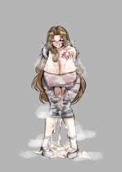 1futa big_breasts blue_eyes blush brown_hair cat_nip creamy_cum cum dongtan_dress futa_focus futanari leaking_cum limbus_company long_hair looking_at_viewer one_eye_closed partially_clothed penis presenting project_moon rodion_(limbus_company) see-through_clothing smile solo solo_futa standing sweat tattoo thick_thighs white_background