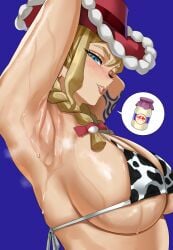1girls arm_up armpit armpit_focus armpits bikini bikini_top blue_eyes bottle braid braided_hair breast_focus cow_print cow_print_bikini female female_only freckles freckles_on_face hair_ornament hair_ribbon hat headwear kitt_(pokemon) lips milk_bottle pokemon pokemon_champions rucola_(pokemon) sexually_suggestive smile solo solo_female speech_bubble sweat sweatdrop sweaty sweaty_armpits swimwear topwear upper_body upper_body_focus xkit69