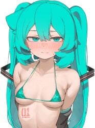 1girls abmayo absurdres aqua_eyes aqua_hair areola_slip bikini black_sleeves blush breasts closed_mouth commentary_request covered_erect_nipples detached_sleeves female hair_between_eyes hair_ornament hatsune_miku highres long_hair looking_at_viewer medium_breasts micro_bikini nose_blush number_tattoo simple_background solo string_bikini swimsuit tattoo tearing_up tears twintails upper_body vocaloid white_background