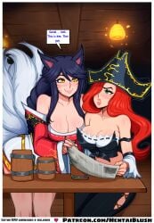 2girls ahri ahri_(league_of_legends) ai_generated animal_ears animal_girl armor bar barrel big_breasts black_clothing black_hat blue_hair breasts cleavage cleavage_cutout comic comic_page commission custom_commission detailed_background dialogue duo english_text female female_only fox_ears fox_girl fox_tail furry furry_female green_eyes hat hentblush highres indoors lantern large_breasts league_of_legends long_hair looking_at_viewer miss_fortune miss_fortune_(league_of_legends) mug multiple_girls navel newspaper nsfw open_mouth orange_hair patreon patreon_logo pirate pirate_hat pirate_outfit purple_hair reading red_clothing red_hair riot_games shoulder_armor sitting smile smirk speech_bubble table tail tavern text tongue tongue_out vastaya white_clothing white_fur wooden_floor yellow_eyes yellow_flames