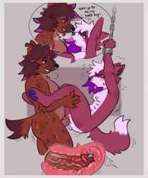 2026 anthro arms_above_head barbell_piercing belly_nipples bite_mark bite_mark_on_neck bodily_fluids breasts breath brown_eyes brown_hair canid canine canis chains dialogue digital_drawing_(artwork) digital_media_(artwork) dipstick_tail duo ear_piercing ear_stud english_description english_text eye_contact facial_piercing female fur genital_piercing genitals gold_piercing green_eyes gynomorph hair hi_res hyena internal internal_vaginal intersex looking_at_another looking_pleasured mammal markings mazmaven multi_nipple nipple_barbell nipple_piercing nipples nose_piercing nose_ring notched_ear penetration penile penile_penetration penis penis_in_vagina penis_piercing piercing prince_albert_piercing purple_hair_tips red_body red_fur restrained ring_piercing speech_bubble spots spotted_body spotted_fur suspension sweat tail tail_markings text tongue vaginal_penetration vein veiny_penis white_body white_fur white_hair white_tail_tip wolf