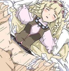 1girls bed blonde_hair blush censored closed_eyes clothed_sex crying female head_dress headdress panties_around_leg sex shirley_fennes skirt_lift spread_legs tales_of_(series) tales_of_legendia tears tomu_(tomubobu) vaginal_penetration watermark