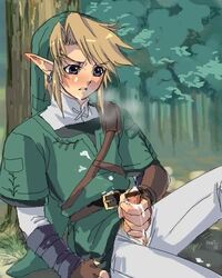 2005 bar_censor blonde_hair blush censor_bar censored censored_penis cum elf_ears forest jab jerking_off link link_(twilight_princess) male male_only masturbation nintendo outdoors penis piercing pointless_censoring solo the_legend_of_zelda the_legend_of_zelda:_twilight_princess twilight_princess unknown_artist_signature