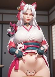 1girls 3d 3d_(artwork) against_table ai_generated animal_ear_fluff animal_ears ashe_(overwatch) blizzard_entertainment bottomless breasts choker clitoris clothes_lift do_you_want_to_pet_my_cat_(meme) female female_only fingerless_gloves groin hair_bell hair_ornament japanese_clothes kimono lifted_by_self long_hair looking_at_viewer lucky_cat_ashe makeup meme mole nail_polish navel neck_bell no_panties obi overwatch pink_nails presenting pussy pussy_peek red_lipstick sharp_fingernails slit_pupils smile solo unholybebra white_hair yellow_eyes