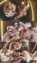 3d bestiality_tattoo big_breasts feline feline_on_human feral foursome human_female human_male large_breasts lion male oral original_character paw_tattoo pierced_nipples pubic_hair ryth_(srv) sere_(srvn) srvn zoophilia