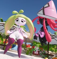 3d_(artwork) absurd_res anthro background_character beach black_body breasts clothing deer digital_media_(artwork) duo_focus elemental_creature embarrassed embarrassed_naked_female embarrassed_nude_female enf fakemon faunazon female female/female flora_fauna forced forced_exposure generation_7_pokemon genitals green_hair group hair hi_res legendary_pokemon legwear looking_at_another lorded mammal naked nintendo nipples nude pink_hair plant pokemon pokemon_(species) pseudo_hair shortstack shortstack_female small_breasts steenee stockings tapu_lele telekinesis thick_thighs vulva white_body wide_hips